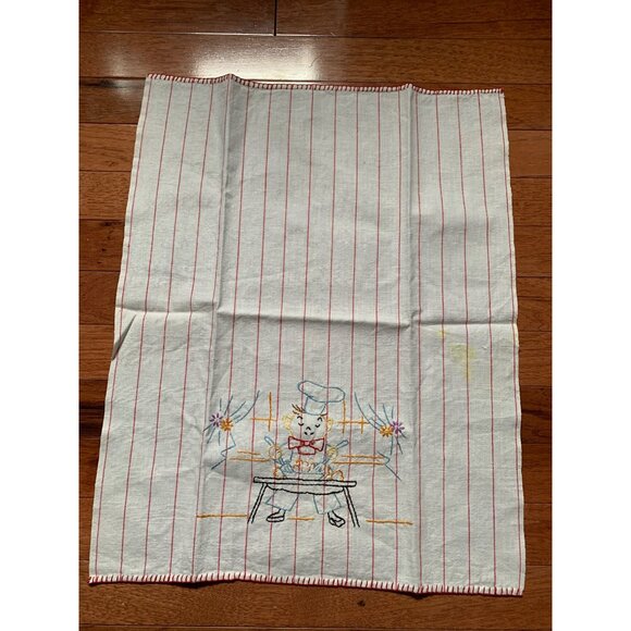 Vintage Red Pinstriped Hand Embroidered Chef cooking Hand Towel - Picture 5 of 8
